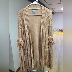 ARULA Tan Fringe Open-Front Cable Knit Cardigan